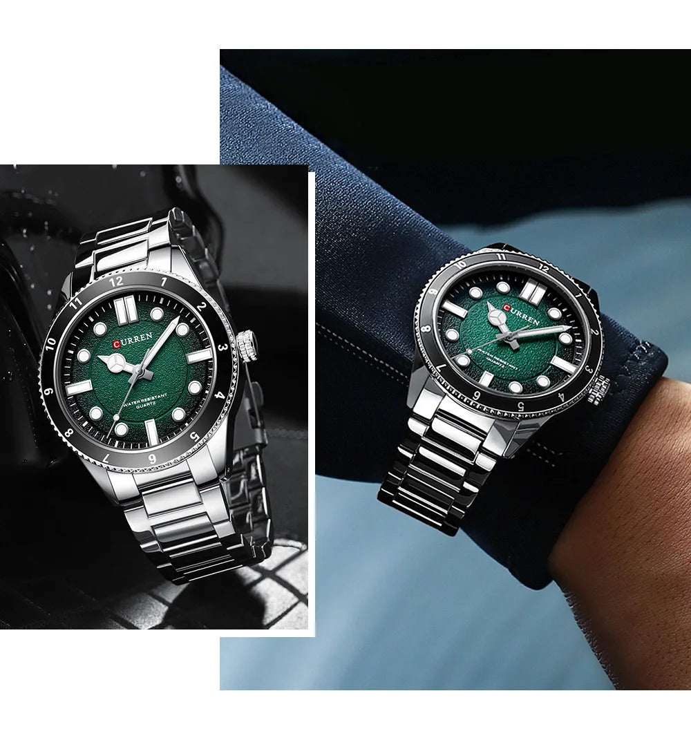 CURREN 8450 Stainless Steel Strap Men's Quartz Watch Business Blue Green Clock Analog Display Wrist Watches for Male