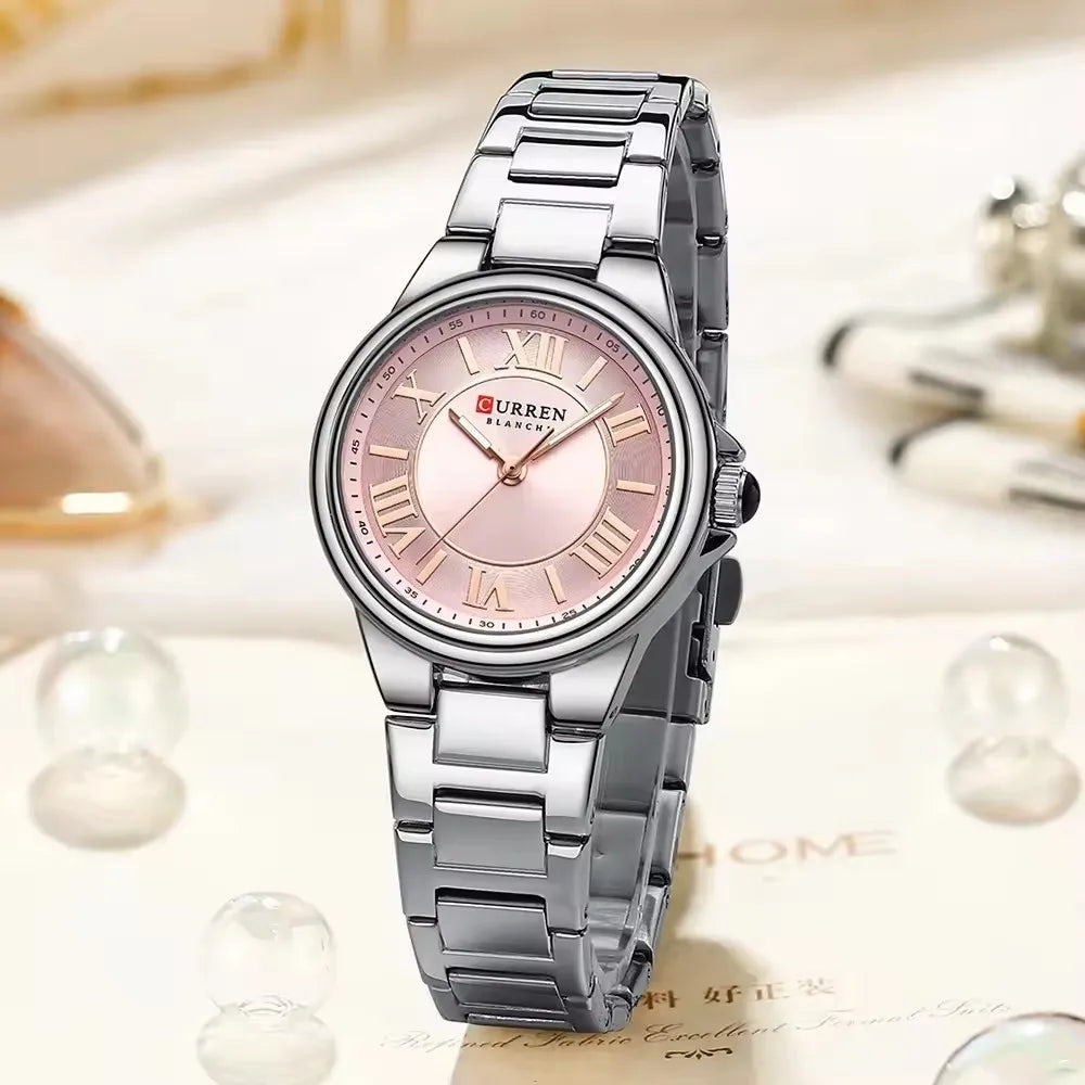 CURREN 9091 Luxury Original Woman Round Watch Stainless Steel 3ATM Waterproof  Wristwatch