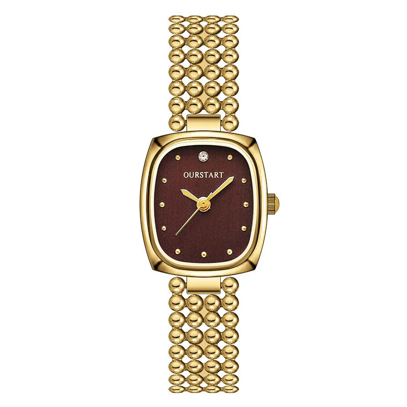 Fashion Retro Square Gold Watch High Quality Women Bracelet Watches Luxury Bead Link Strap Wristwatches Ladies Clock Gifts