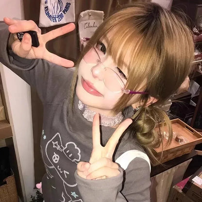 Retro Narrow-frame Glasses Women Anti-Blue Light Rimless Y2K Square Harajuku Eyewear Decorative Computer Eyeglasses Accessories