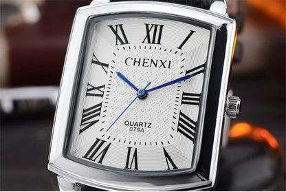 CHENXI 079A Couple's Watches Simple Square Business Clock Black Leather Strap Wristwatch for Men and Women