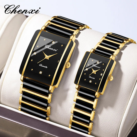 CHENXI 104A Couple Watches Waterproof Luxury Ceramics Square Business Stainless Steel Strap for Women Men Clock