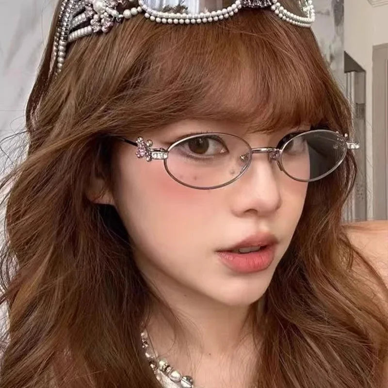 Fashion Punk Small Frame Glasses Retro Silver Anti Blue Light Eyewear for Women Y2K Rhinestone Glasses Girl Reading Eyeglasses