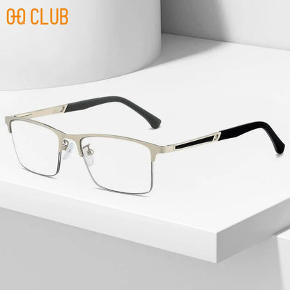 O-Q CLUB Men's Half-frame Business Reading Glasses Anti-blue Light Anti-fatigue Metal Frame