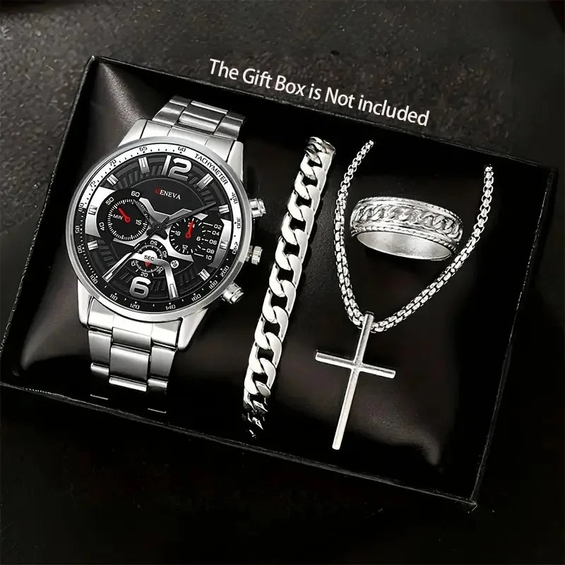 4pcs Luxury Men Business Quartz Watch Gold Alloy Roman with Calendar Wrist Watch Cross Necklace Bracelet Ring Set Men's Gift