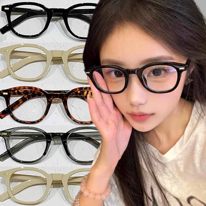 Vintage Rivet Round Frame Glasses Women Black White Leopard Eyewear Trend Brand Reading Computer Y2K Anti Blue Light Eyeglasses