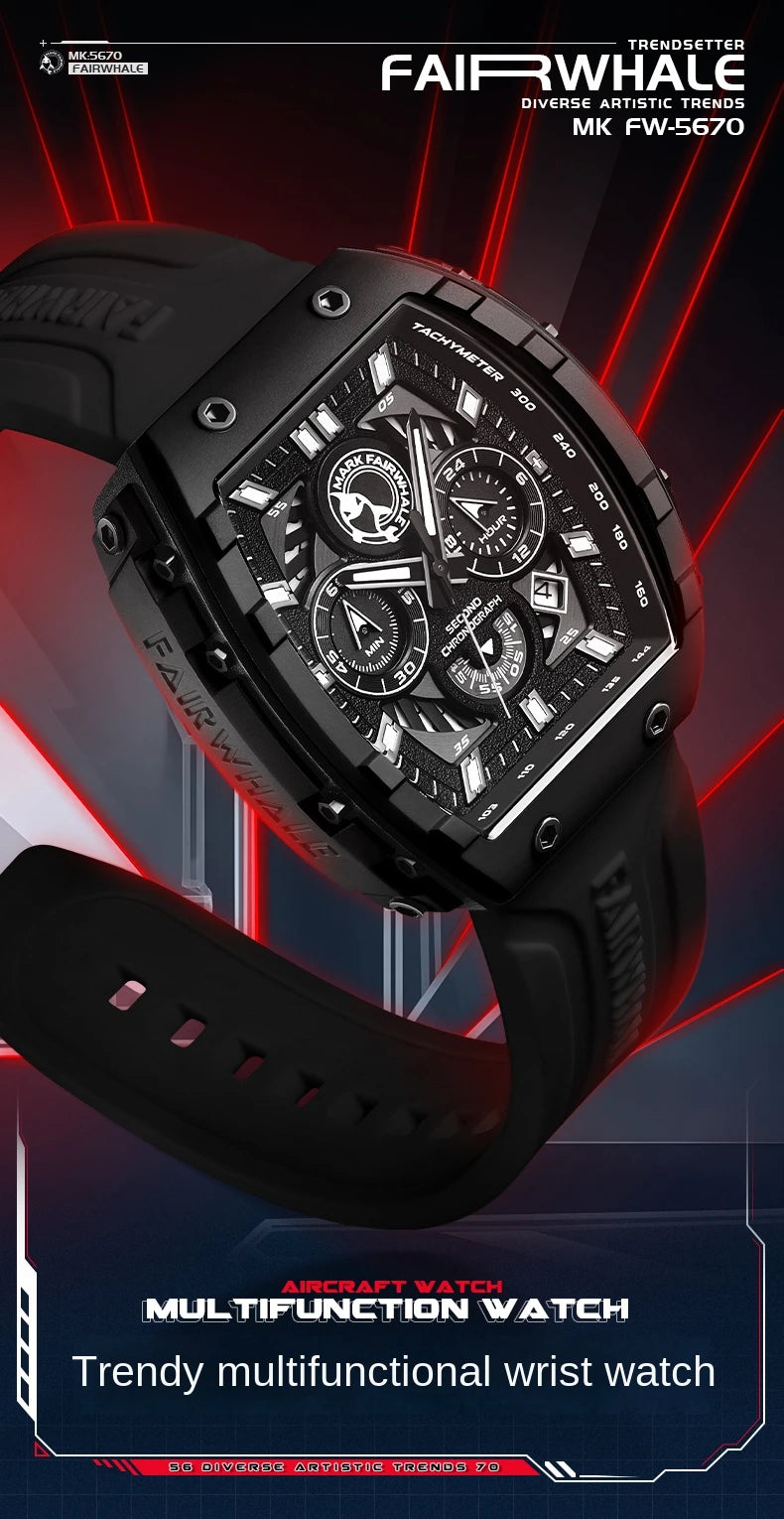 Mark Fairwhale 5670 Men's Top Design Quartz Tonneau Multifunction Chronograph Waterproof Silicone  Sports Quartz Watch for Men