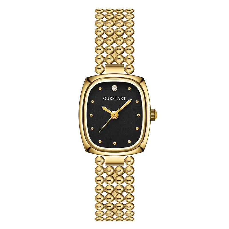 Fashion Retro Square Gold Watch High Quality Women Bracelet Watches Luxury Bead Link Strap Wristwatches Ladies Clock Gifts