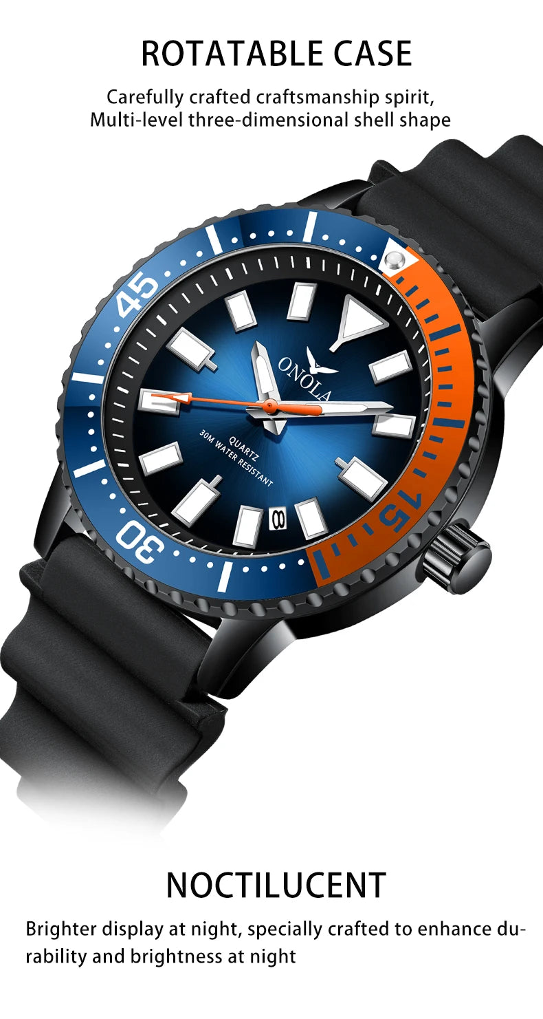 ONOLA 3850 Luxury Men's Watch Silicone Strap Timing Waterproof Sports Quartz watch