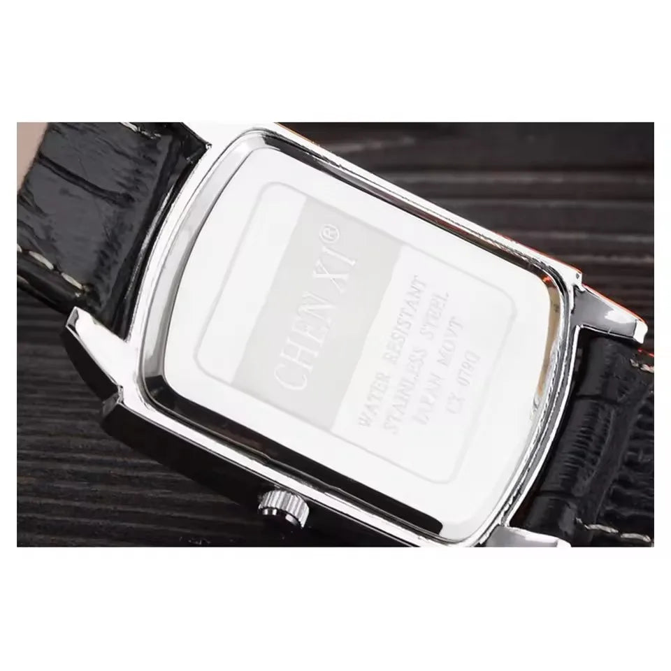 CHENXI 079A Couple's Watches Simple Square Business Clock Black Leather Strap Wristwatch for Men and Women
