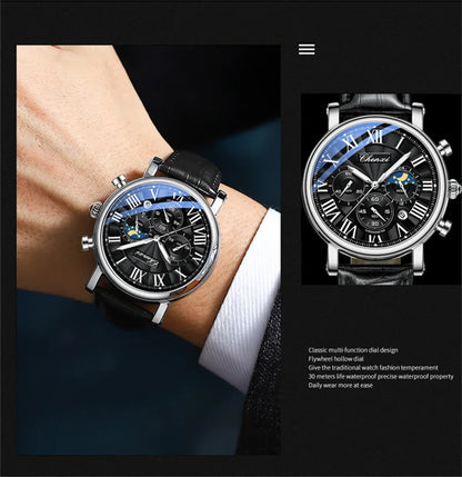 CHENXI 973 Multi-function Business Moon Phase Date Waterproof Rome Analog Imported Men Wristwatch