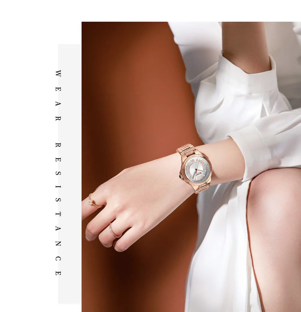 CURREN 9091 Luxury Original Woman Round Watch Stainless Steel 3ATM Waterproof  Wristwatch