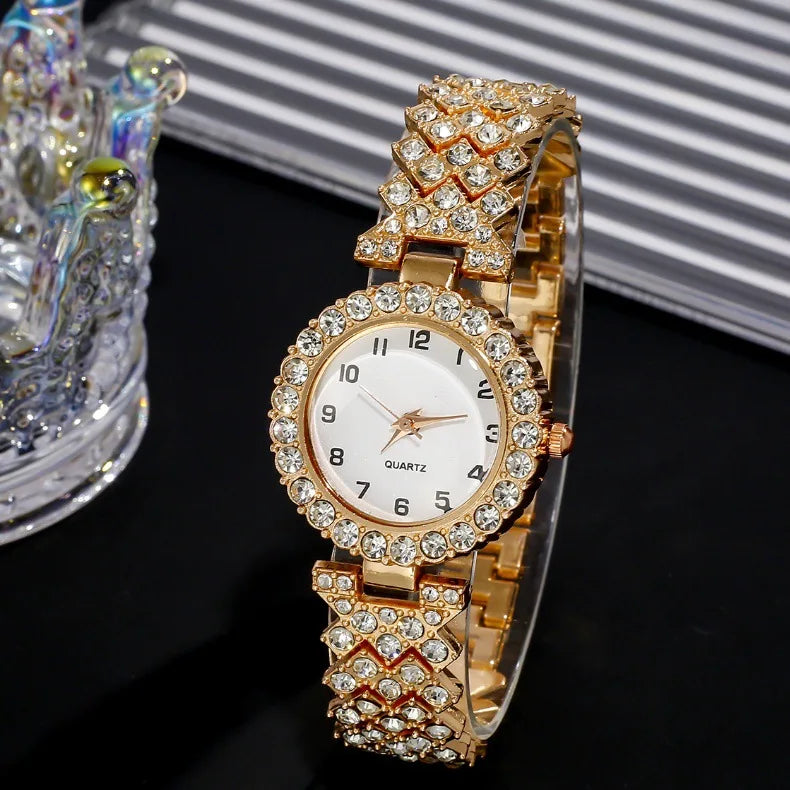 2PCS/Set Rose Gold Women Wristwatch Roman Numeral Dial Rhinestone Quartz Watch Alloy Strap Watch Jewelry Set Gift for Mom