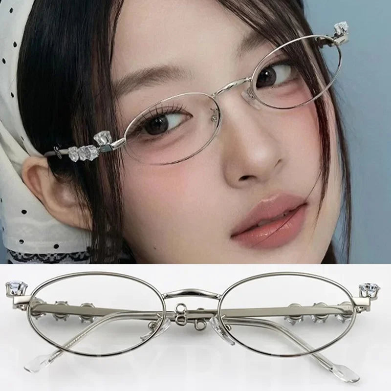 Vintage Y2K Rhinestone Studded Metal Oval Small Frame Elliptical Flat Eyeglasses Anti Blue Light Glasses Women Fashion Eyewear