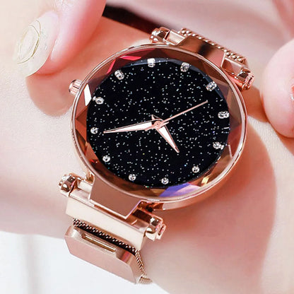 5pcs Women Fashion Starry Sky Watches Magnet Buckle Mesh Belt Diamond Quartz Watch Women Dress Clock Wristwatches for Girl Gift