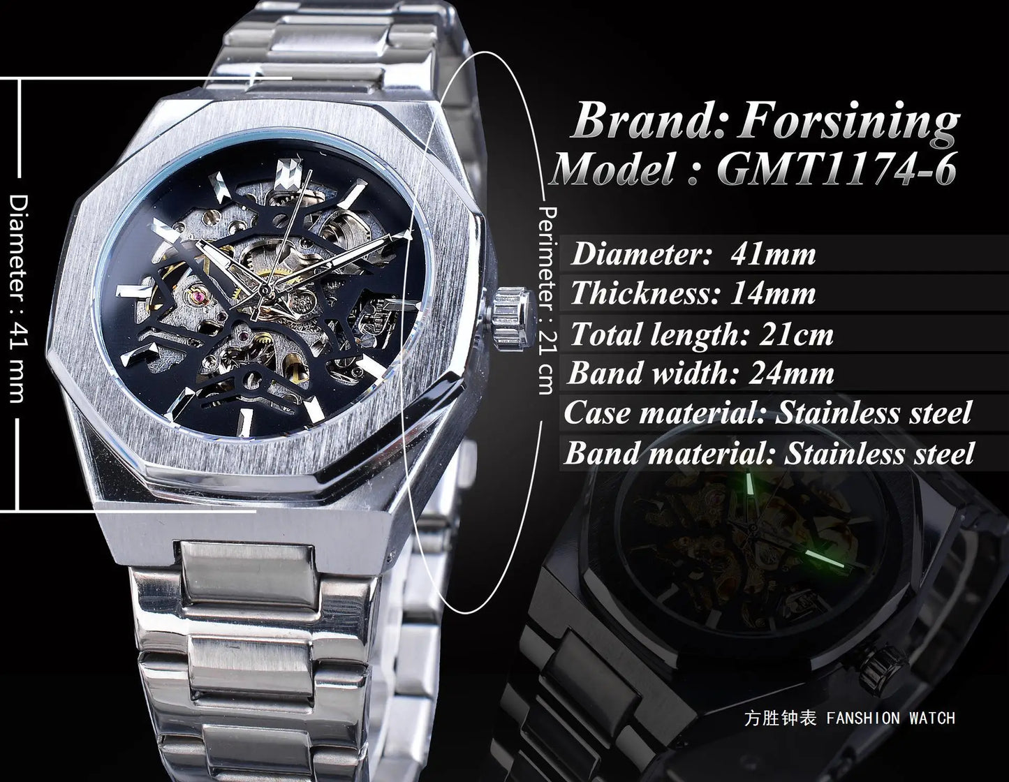 Forsining 344D  Luxury  Hollow Automatic Mechanical Watch Men Luminous Foreign Trade Cross-border Tide Waterproof Watches