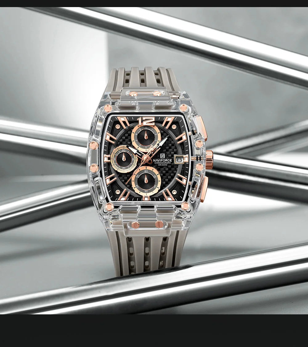 Naviforce 7105 Casual New Chronograph Mul-tifunction Watches Sports Silicone Man Transparent Case Wristwatch