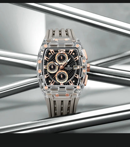 Naviforce 7105 Casual New Chronograph Mul-tifunction Watches Sports Silicone Man Transparent Case Wristwatch