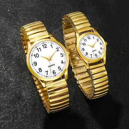 1/2PCS Couple Quartz Watch Fashion Creative Arabic Numerals Round Dial Elastic Band Elegant Couple Wristwatch Gift for Lovers