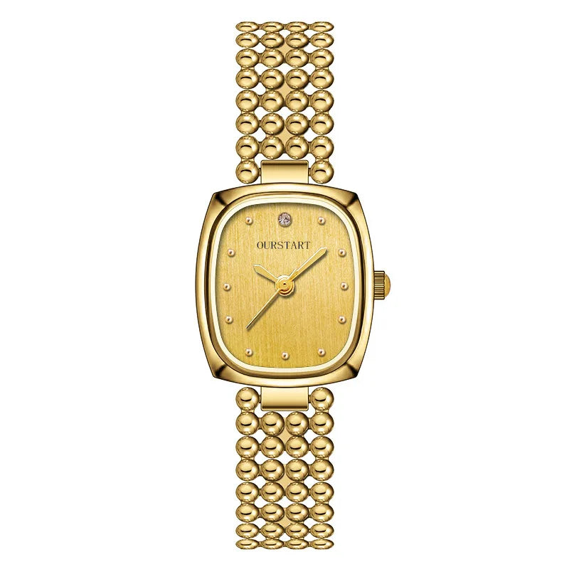 Fashion Retro Square Gold Watch High Quality Women Bracelet Watches Luxury Bead Link Strap Wristwatches Ladies Clock Gifts