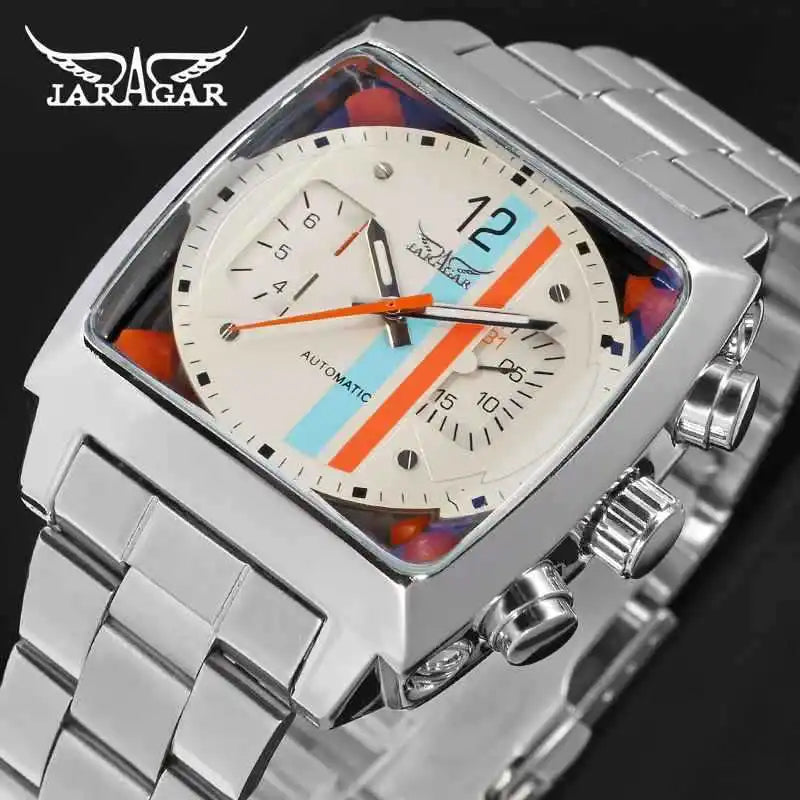 JARAGAR 569 Men's Mechanical Watch Fashion Design Square Dial Date Week Waterproof Steel Strap Leisure Wristwatch