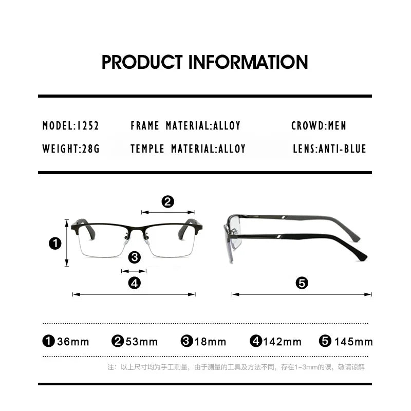 O-Q CLUB Men's Half-frame Business Reading Glasses Anti-blue Light Anti-fatigue Metal Frame