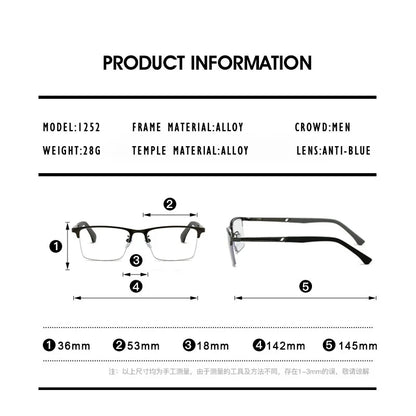 O-Q CLUB Men's Half-frame Business Reading Glasses Anti-blue Light Anti-fatigue Metal Frame