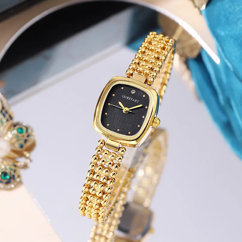 Fashion Retro Square Gold Watch High Quality Women Bracelet Watches Luxury Bead Link Strap Wristwatches Ladies Clock Gifts