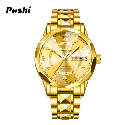 POSHI Men's Quartz Watch Original Waterproof Luminous Dual Calendar Quartz Wristwatch