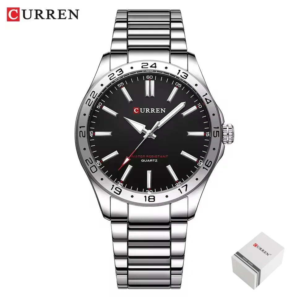 CURREN 8452 Men Quartz Watch Black Silvery Stainless Steel Strap