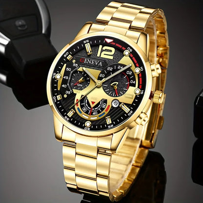 4pcs Luxury Men Business Quartz Watch Gold Alloy Roman with Calendar Wrist Watch Cross Necklace Bracelet Ring Set Men's Gift