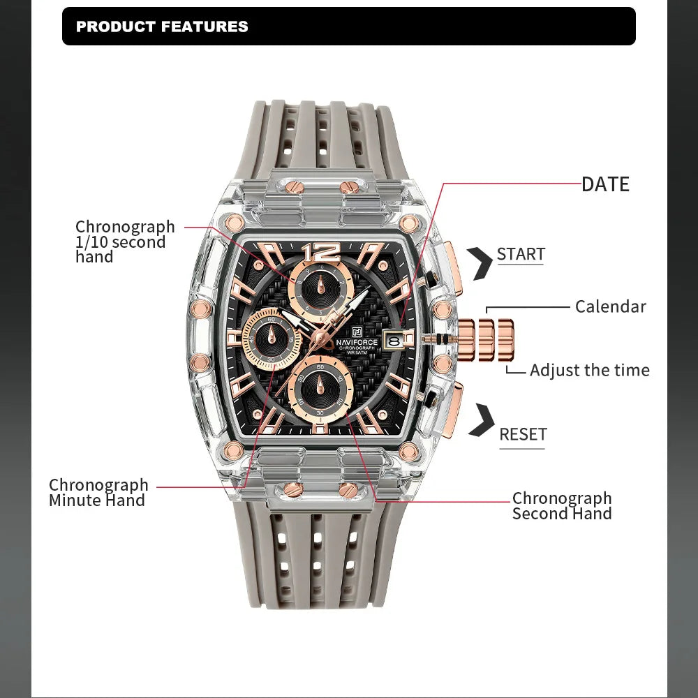 Naviforce 7105 Casual New Chronograph Mul-tifunction Watches Sports Silicone Man Transparent Case Wristwatch