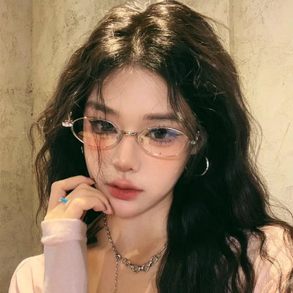 Fashion Punk Small Frame Glasses Retro Silver Anti Blue Light Eyewear for Women Y2K Rhinestone Glasses Girl Reading Eyeglasses