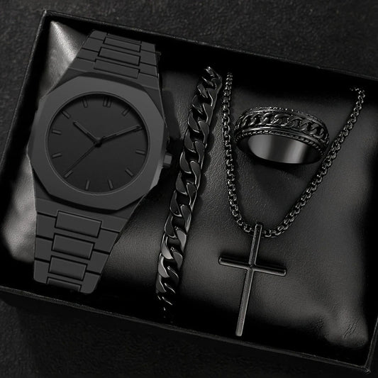 1/4PCS Creative Middle East Arabic Numerals Quartz Watch Business Wristwatch Cross Necklace Bracelet Ring Set (Without Box)