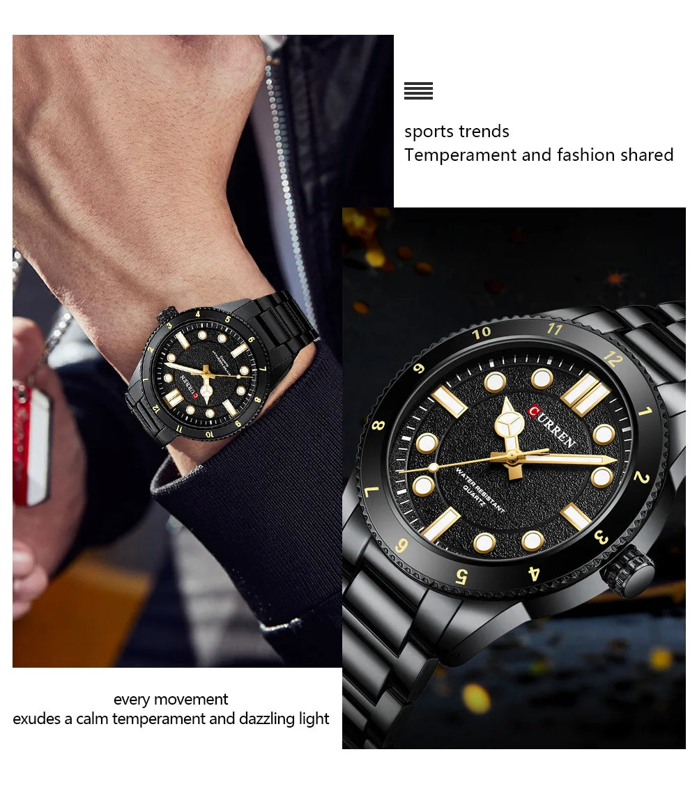 CURREN 8450 Stainless Steel Strap Men's Quartz Watch Business Blue Green Clock Analog Display Wrist Watches for Male