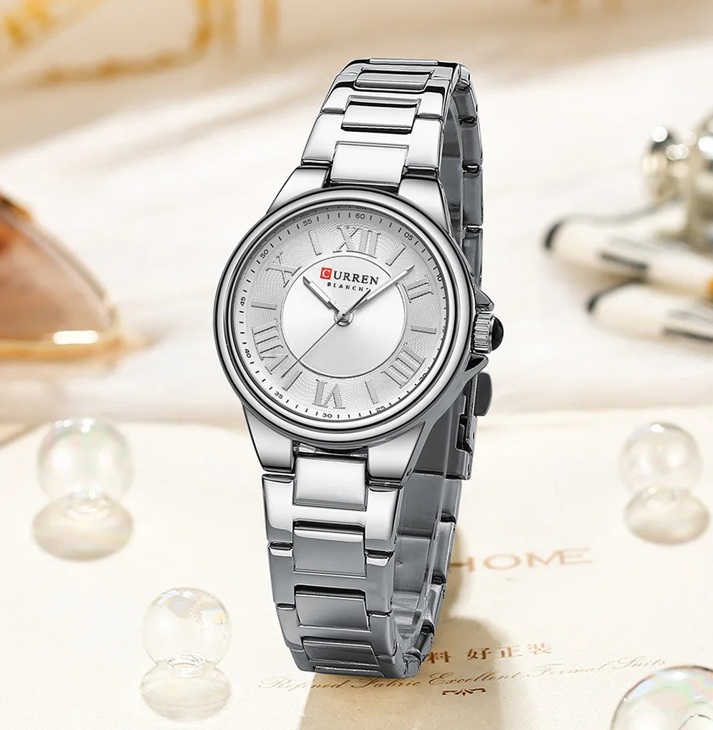 CURREN 9091 Luxury Original Woman Round Watch Stainless Steel 3ATM Waterproof  Wristwatch