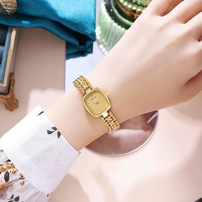 Fashion Retro Square Gold Watch High Quality Women Bracelet Watches Luxury Bead Link Strap Wristwatches Ladies Clock Gifts