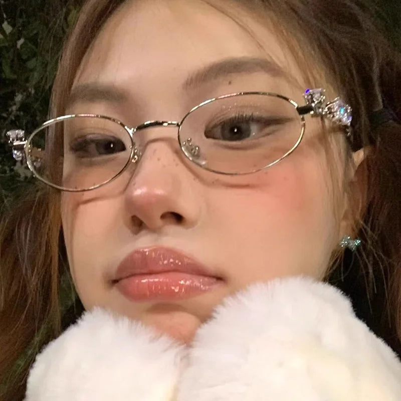 Japanese Small Oval Rhinestone Eyeglasses Frame for Women