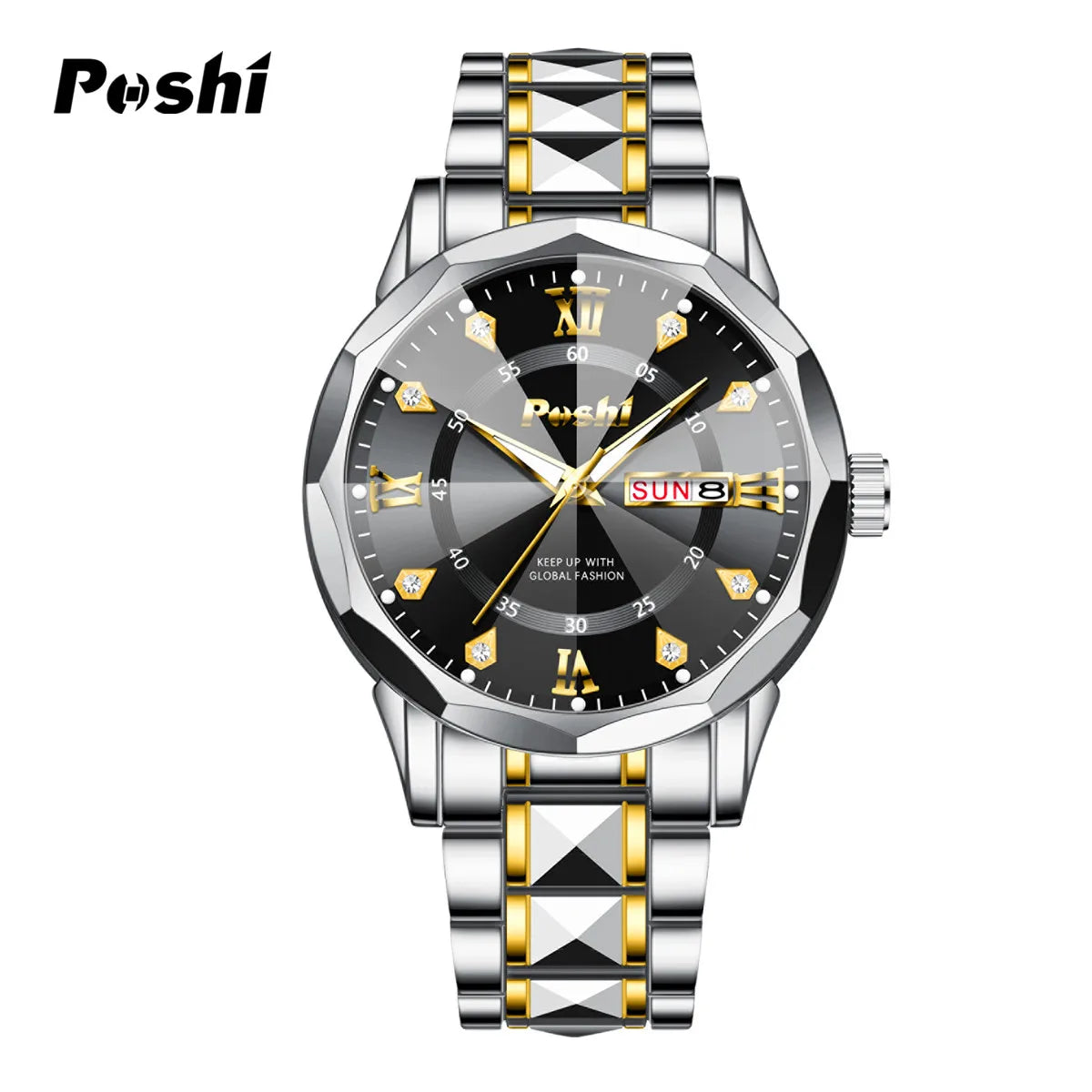 POSHI Men's Quartz Watch Original Waterproof Luminous Dual Calendar Quartz Wristwatch