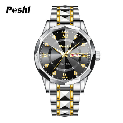 POSHI Men's Quartz Watch Original Waterproof Luminous Dual Calendar Quartz Wristwatch