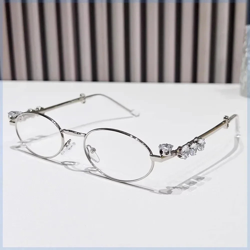 Vintage Y2K Rhinestone Studded Metal Oval Small Frame Elliptical Flat Eyeglasses Anti Blue Light Glasses Women Fashion Eyewear