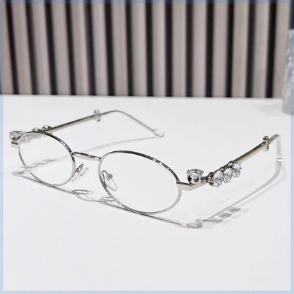 Vintage Y2K Rhinestone Studded Metal Oval Small Frame Elliptical Flat Eyeglasses Anti Blue Light Glasses Women Fashion Eyewear
