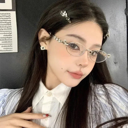Vintage Y2K Rhinestone Studded Metal Oval Small Frame Elliptical Flat Eyeglasses Anti Blue Light Glasses Women Fashion Eyewear