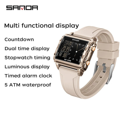 SANDA 6273 Wristwatch Square Dual Time Man Electron Analog Watch for Men Women Waterproof Count Down Timer Digital World Time