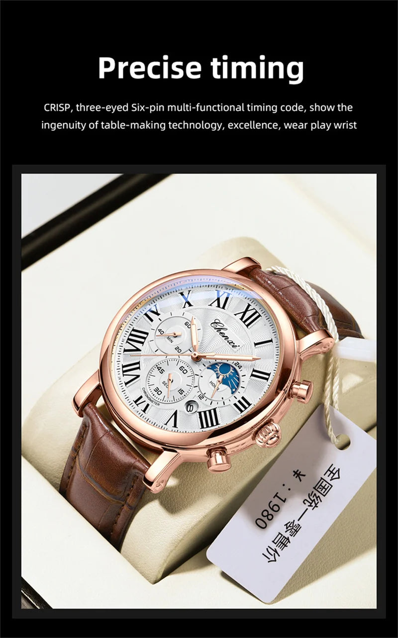 CHENXI 973 Multi-function Business Moon Phase Date Waterproof Rome Analog Imported Men Wristwatch