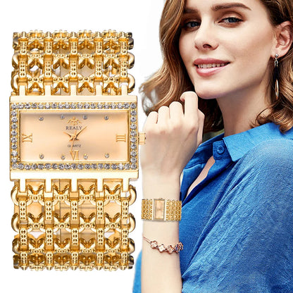 Simple Square Gold Ladies Watch Fashion Classic Alloy Diamond Bracelet Ladies Watch Gold Silver Diamond Scale Dial Quartz Reloje
