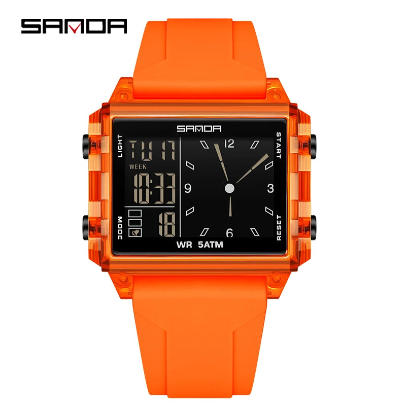 SANDA 6273 Wristwatch Square Dual Time Man Electron Analog Watch for Men Women Waterproof Count Down Timer Digital World Time