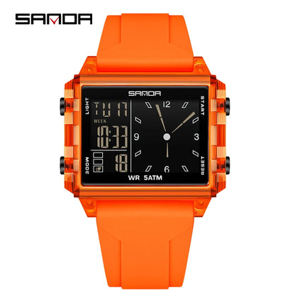 SANDA 6273 Wristwatch Square Dual Time Man Electron Analog Watch for Men Women Waterproof Count Down Timer Digital World Time