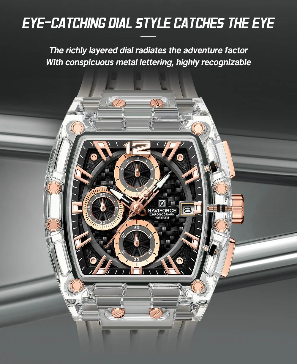 Naviforce 7105 Casual New Chronograph Mul-tifunction Watches Sports Silicone Man Transparent Case Wristwatch