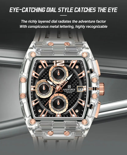 Naviforce 7105 Casual New Chronograph Mul-tifunction Watches Sports Silicone Man Transparent Case Wristwatch